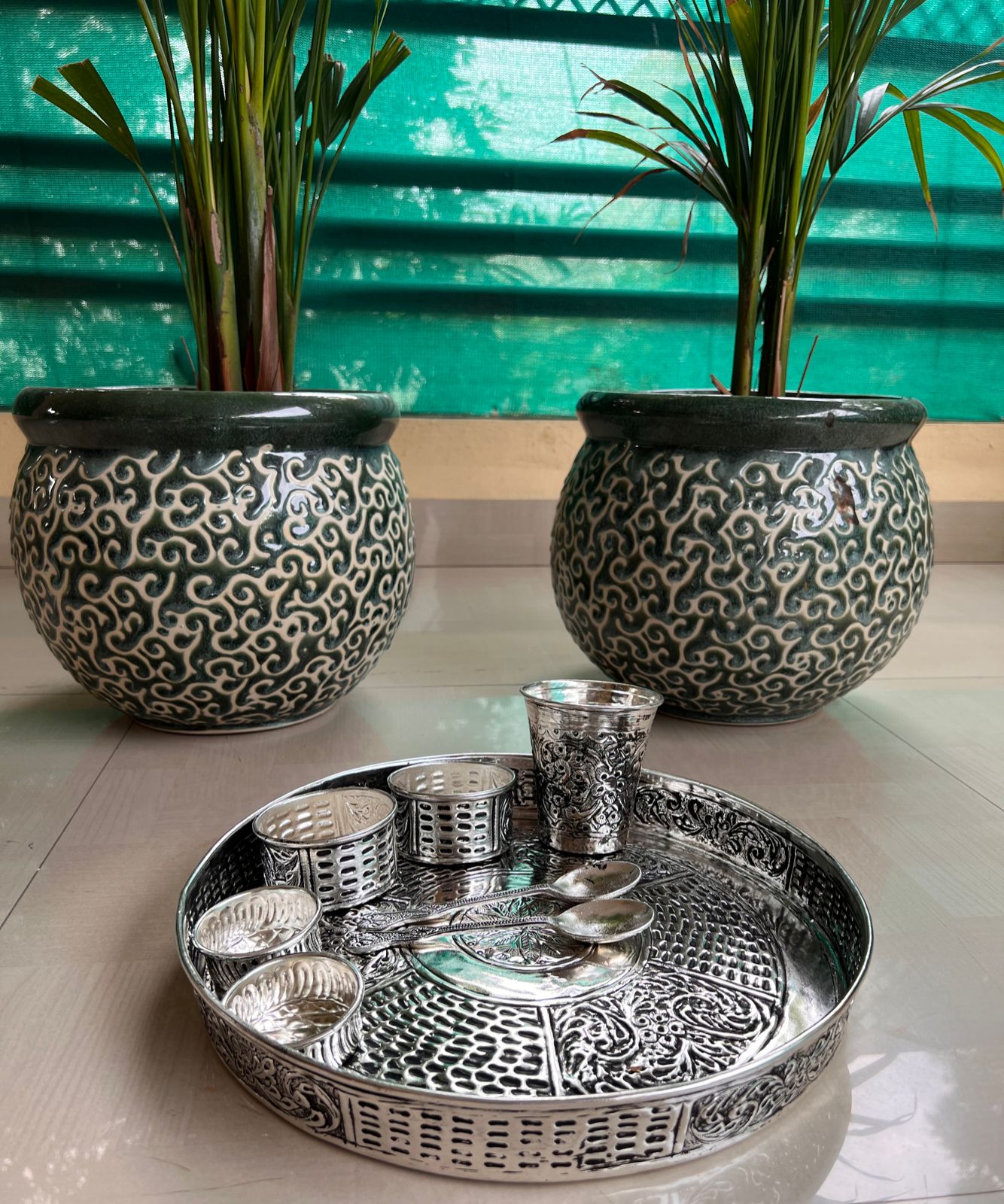 german silver antique finish DINNER SET/BHOG THAAL/ pooja thali set for diwali / housewarming pooja